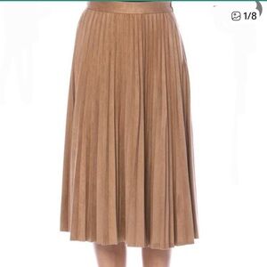 YAL New York Pleated Faux Suede Midi A-Line Minimalist Tan Skirt, Size 8